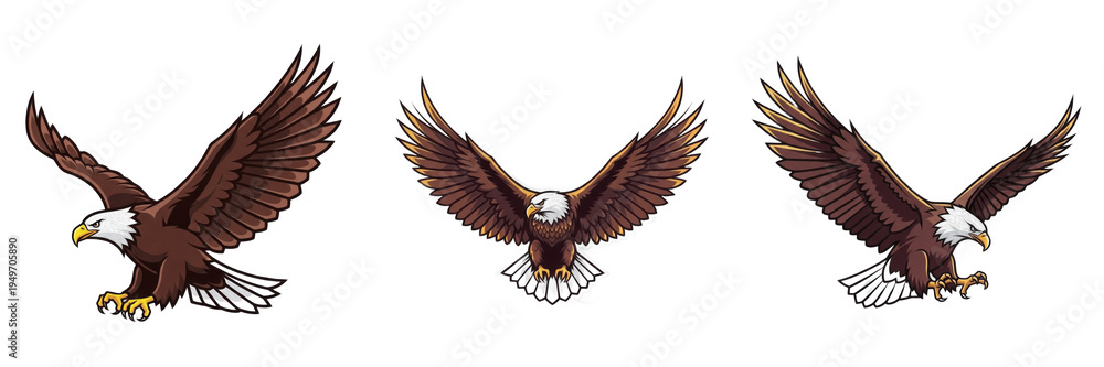 Fototapeta premium Set of flying bald eagle illustrations with spread wings isolated on transparent background