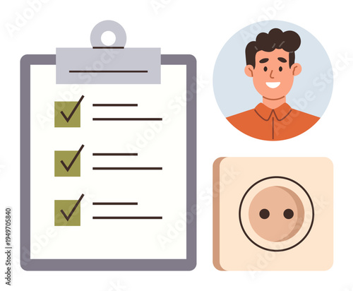 Productivity, task management, organization, planning, workflow, efficiency. A clipboard with checklist, smiling person portrait power outlet. Productivity and task management concept