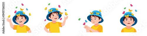 Boy catching butterflies outdoors with transparent background
