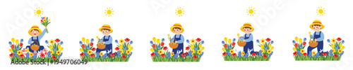 Child picking flowers in a colorful meadow scene