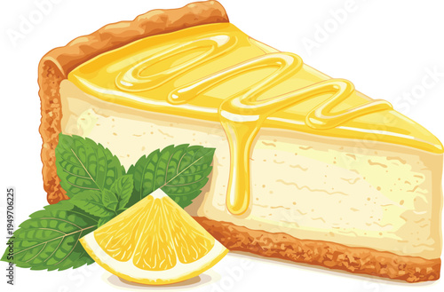 Gourmet Lemon Cheesecake Slice Vector Illustration Topped with Zesty Glaze and Fresh Citrus Wedge with Mint Leaves for Dessert Cafe Menu Design