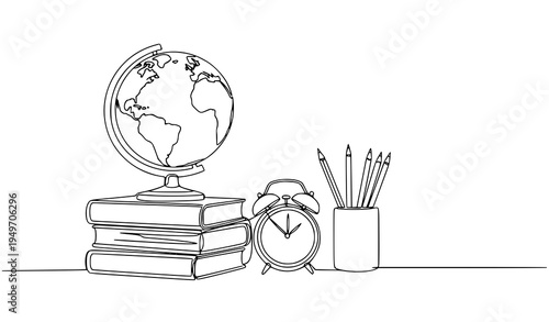 Continuous line drawing study desk with globe books alarm clock and pencils back to school vector illustration