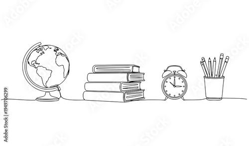 Single line study space illustration with globe books alarm clock and pencils education concept vector