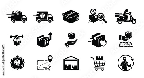 Logistics and delivery icons set including truck drone warehouse and shipping symbols for business and transportation concepts