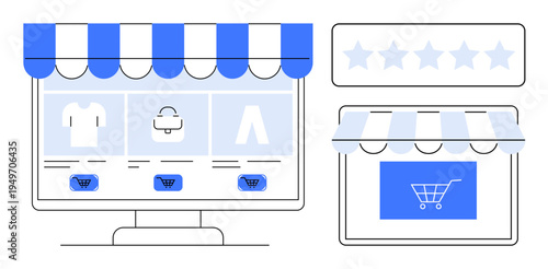 Ecommerce, retail shopping, product reviews, online retail, digital storefronts, checkout. Digital storefronts with awnings, product categories and a shopping cart graphic. Ecommerce and retail