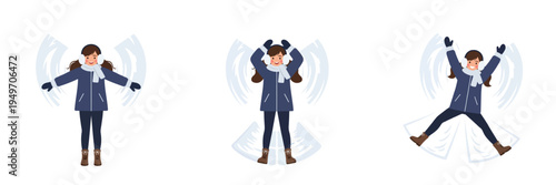 Girl making snow angels in winter clothing