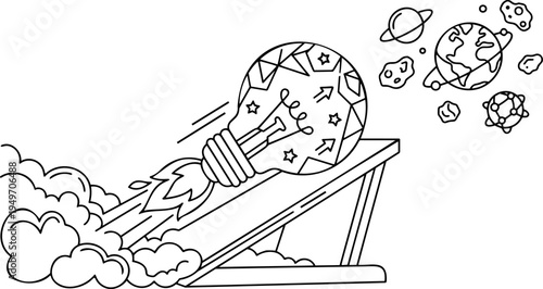 Line art vector of rocket lightbulb launching into space for creative innovation