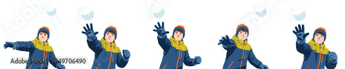 Boy throwing snowball winter fun action sequence
