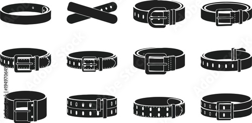 Set of 12 black leather belt icons vector