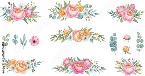 A beautiful collection of watercolor floral arrangements featuring pink peonies, protea, daisies, and eucalyptus leaves.