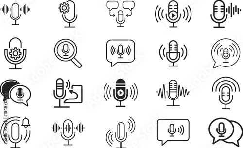 A collection of 20 distinct microphone icons representing various podcasting and audio recording functionalities, including sound waves, gears, search, play buttons, notifications, and chat bubbles, p