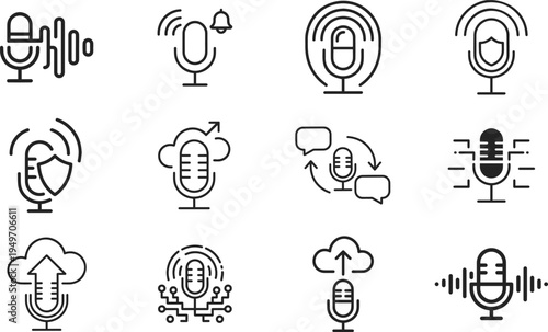 A Collection of 12 Distinct Linear Icons Representing Microphones, Each Symbolizing Various Aspects of Audio Recording, Broadcasting, Podcasting, Voice Recognition, Cloud Storage, Security