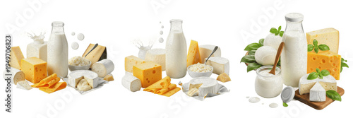 Obraz na plátne Set of fresh dairy products including milk bottle, yogurt, and assorted cheese b