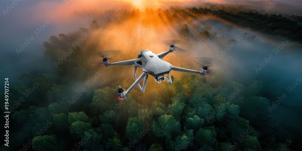 Naklejka premium Drone flies through sunbeams over forested landscape