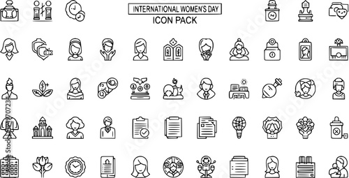 International Women's Day Outline Icon Pack - Diverse Female, Feminism  Empowerment Line Vector Symbols for Rights, Equality  Celebration