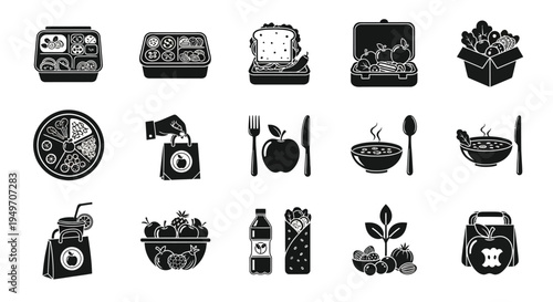 Black and white icons of various food and drink items on a white background including lunchboxes fruits utensils and beverages representing healthy eating and meal preparation