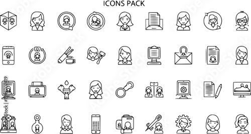 Line Art Business and People Icons Pack. Vector collection of outline symbols for communication, technology, profiles, and administration, often featuring female avatars.