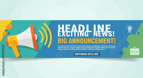 Vector announcement banner template with megaphone and exciting news headline