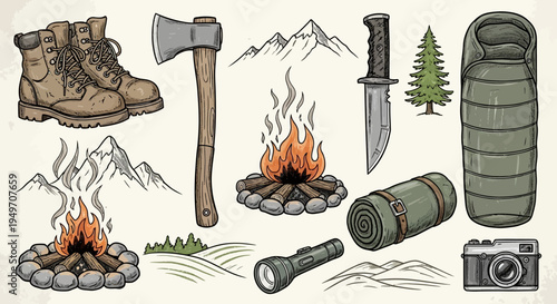Set of 10 camping icons vector, outdoor adventure symbols