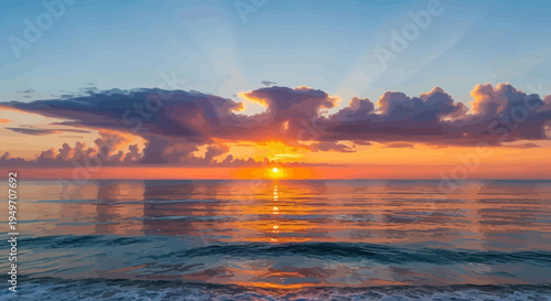 Sunset over calm ocean waves with vibrant sky and clouds