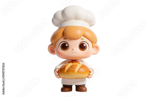 A cartoon chef boy holds a loaf of bread in his hands standing inside a bakery.