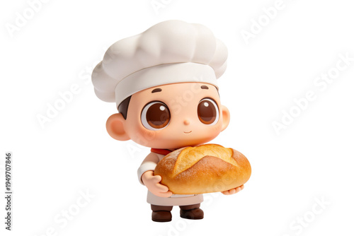 The cartoon chef holds a loaf of bread indoors with a friendly expression.