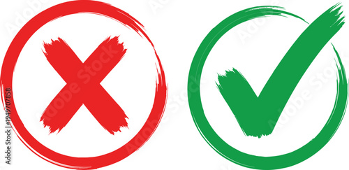 Red cross and green checkmark symbols with brush stroke effect in circles for vote decision validation right and wrong choices