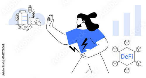 Decentralized finance concept. Blockchain decentralization, renewable energy, and financial growth combine in modern economic solutions. Decentralized finance reshaping banking, energy, and commerce