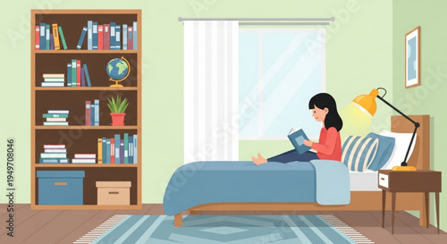 Woman relaxing on bed reading book in cozy bedroom with bookshelf and nightstand