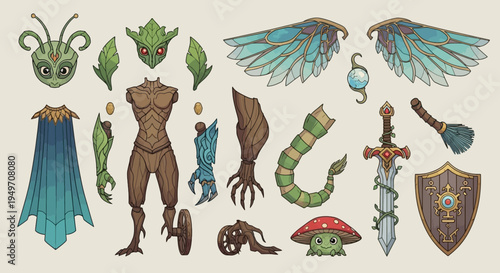 Wooden Golem and Insectoid Warrior Assets with Wings, Sword, Shield, and Bark Armor