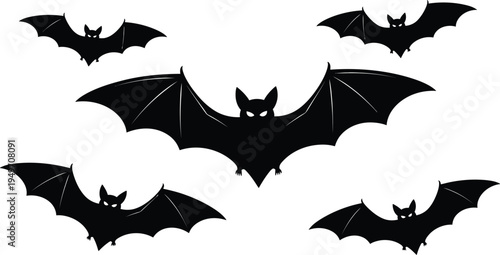 Set of black flying bat silhouettes with open wings for Halloween decoration spooky night themes gothic art and horror design