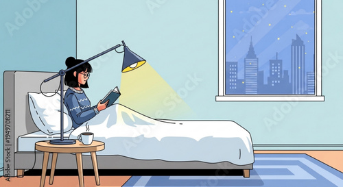 Woman reading book in bed under table lamp at night with city view