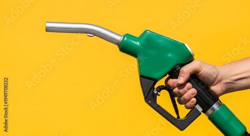 A hand holding a green gas pump nozzle on a yellow background