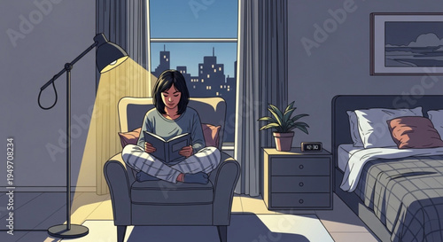Woman relaxing in bedroom reading book by window with city view at night