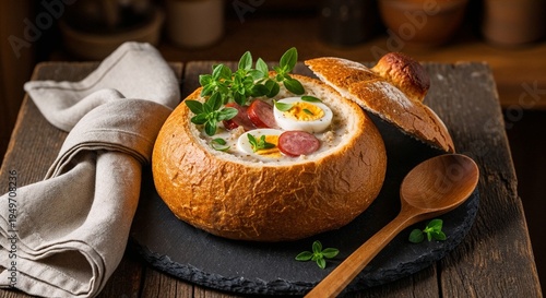 Polish żurek sour rye soup with smoked sausage and hard boiled egg in edible bread bowl