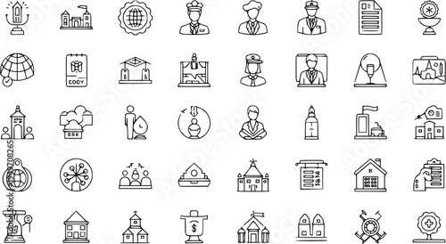 49 Diverse Hand-Drawn Outline Icons Set. Line Vector Elements for Business, Education, Travel, People, Buildings, Professions, Technology, and Abstract Concepts.