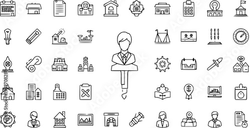 Diverse Real Estate and Business Icons in Linear Style on White Background
