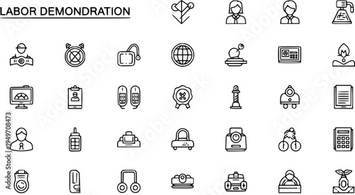 Labor and Business Outline Icons Collection - Work, Office, and Industry Related Pictograms Set