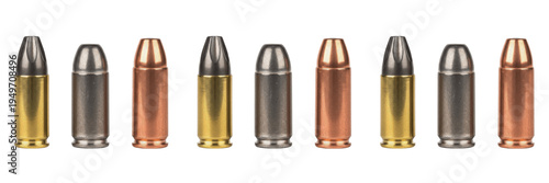 Obraz na plátně Set of various handgun bullets and ammunition in a row isolated on transparent b