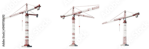 Set of industrial tower cranes for construction isolated on transparent background