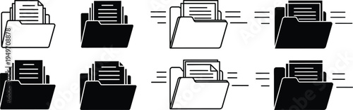 A collection of black and white folder icons representing file management and data transfer tasks