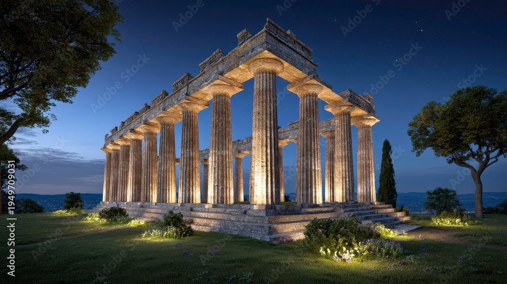 Fototapeta premium Ancient Greek Temple Ruins, Architecture at Night