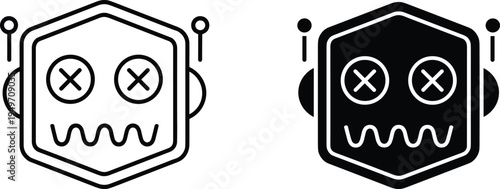 Dead robot face icon set, malfunction artificial intelligence symbol with crossed eyes for error, bug and system failure