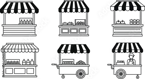 A collection of black and white line art icons depicting various outdoor food and market stalls
