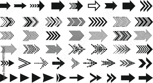 Large collection of black arrow icons and pointer symbols in various styles for website navigation infographics progress tracking and directional signage