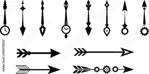 Decorative arrow and clock hand icon collection, vintage pointer shapes and direction symbols set isolated on light background
