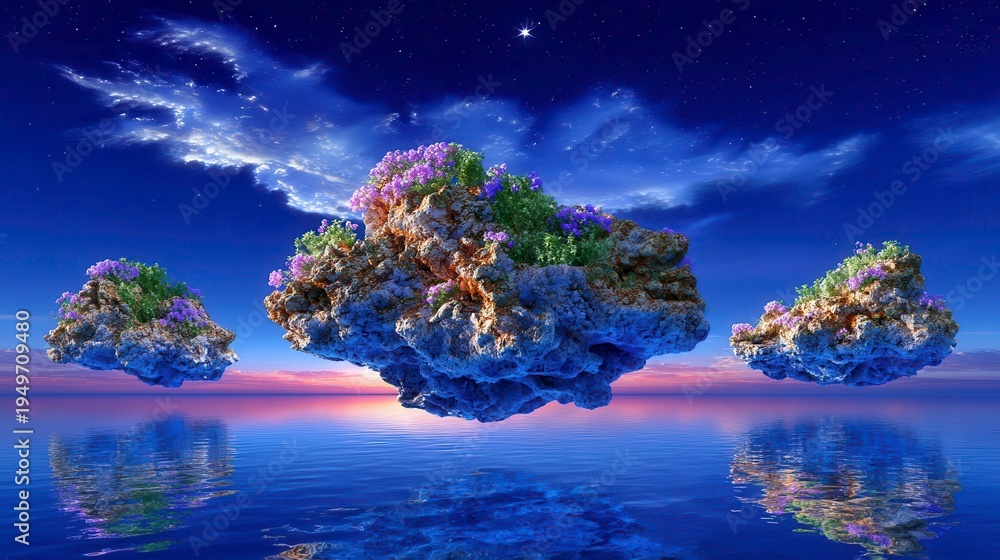 Naklejka premium Floating Islands, Fantasy Landscape, Surreal Water Scenery