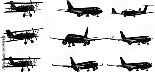 Airplane silhouettes collection, vintage biplanes, modern commercial jets, private aircraft evolution, aviation technology contrast, transportation history illustration