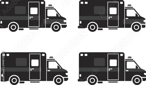 Ambulance emergency vehicle silhouette vector illustration, medical rescue van icon set isolated transportation design collection