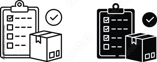 Delivery checklist package icon set, shipping box with order list verification vector illustration outline and solid logistics symbol